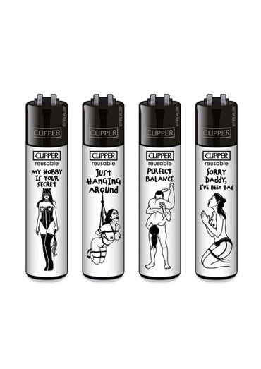 Vier schwarze und silberne clipper lighter set mit humorvollen illustrationsmotiven aus dem kinky 6 clipper feuerzeug set