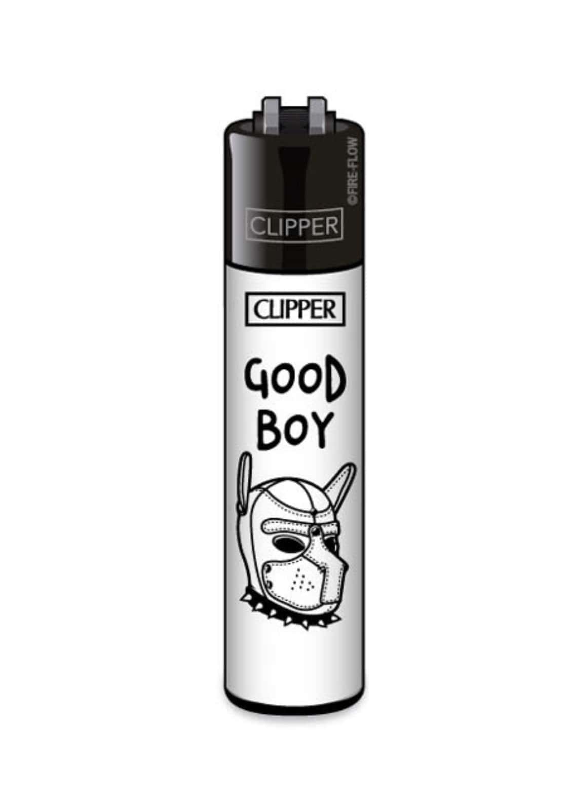 Silbernes nachfüllbares clipper feuerzeug good boy mit schwarzem text und hundemaske in original clipper qualität