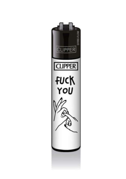 Black und silbernes clipper feuerzeug fuck you mit auffälligem hand gesten design als ausdrucksstarkes accessoire