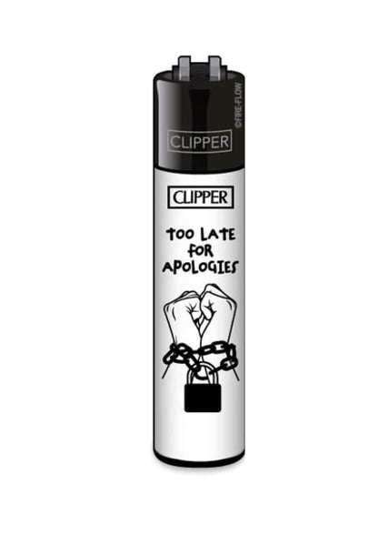 Schwarz weißes clipper feuerzeug nachfüllbar mit grafik zweier in ketten gefesselter hände über schloss zu spät für entschuldigungen