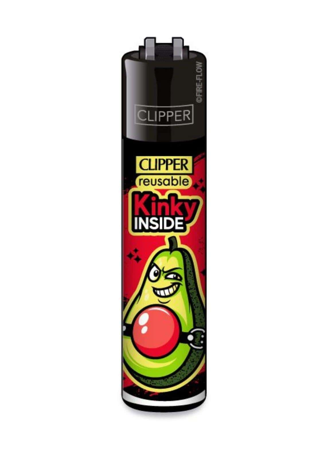 Schwarzes clipper feuerzeug mit austauschbarem feuerstein und cartoon avocado mit rotem ball gag und kinky inside text