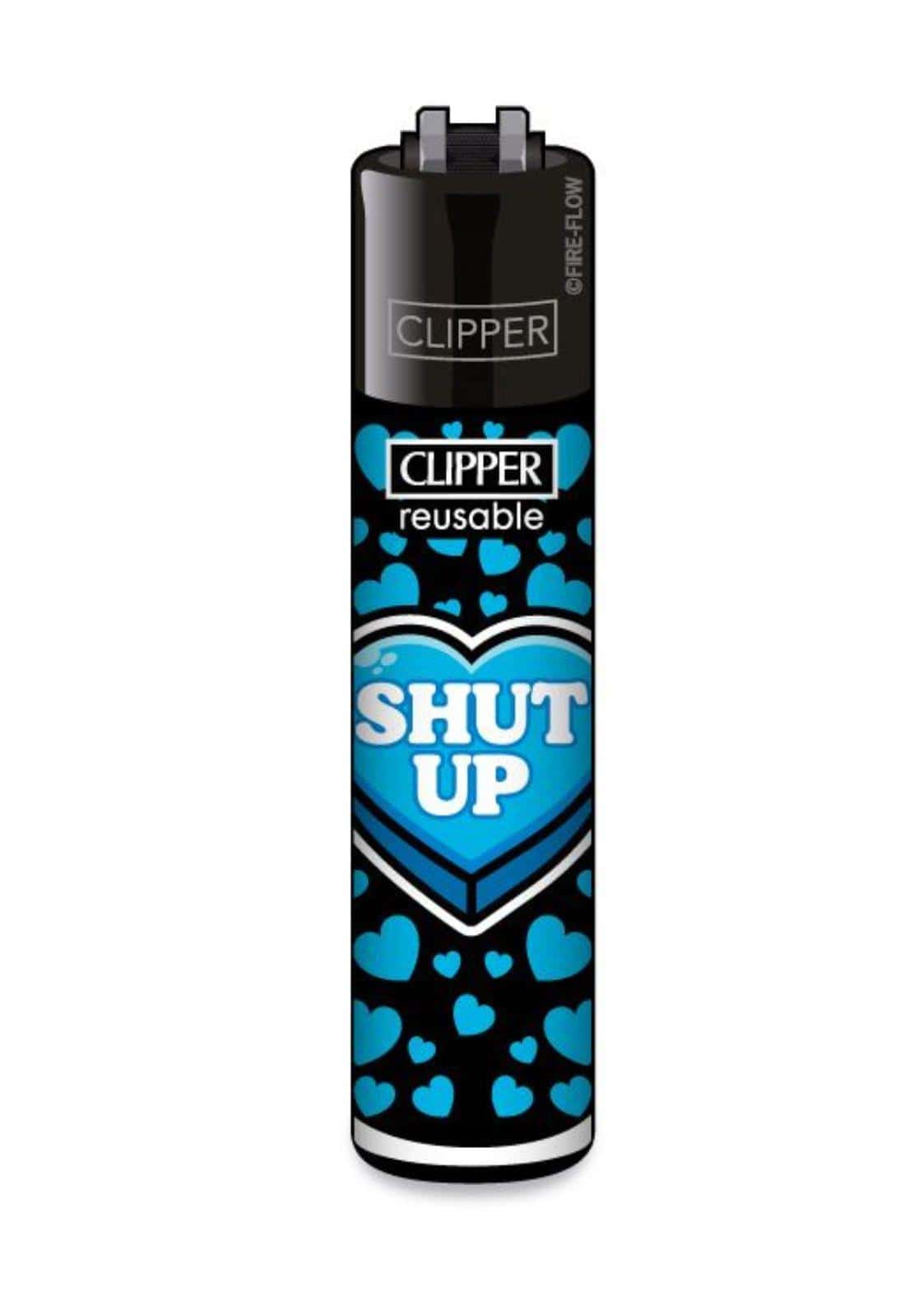 Schwarzes und blaues clipper feuerzeug mit shut up aufschrift und herzdesign für gothic und dark fashion fans
