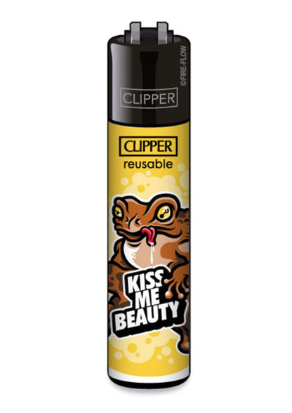 Gelb und schwarz clipper feuerzeug aus edelstahl mit cartoonfrosch und blasenmuster ideal für die gothic scene