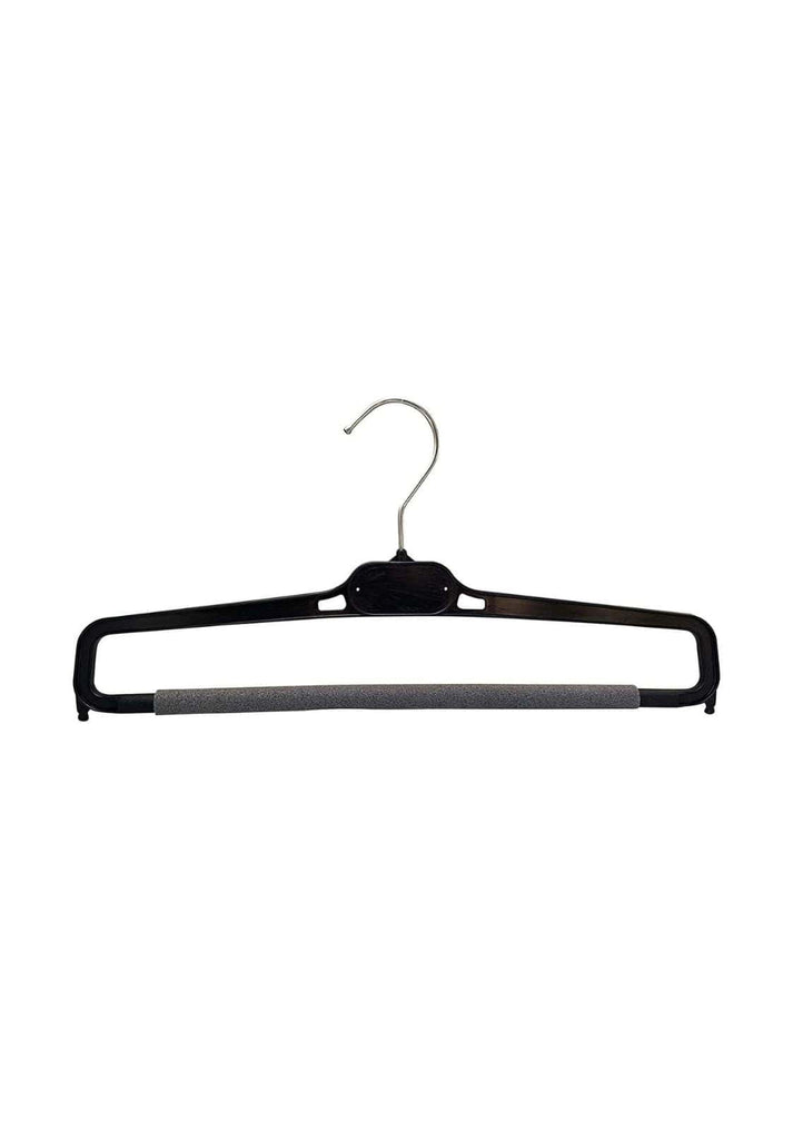 Schwarzer kleiderbügel aus plastik mit silbernem querstab und haken rutschfest breite für gothic und horror kleidung