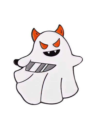 White ghost pin with orange devil horns and eyes holding a striped knife gothic horror dark fashion accessory