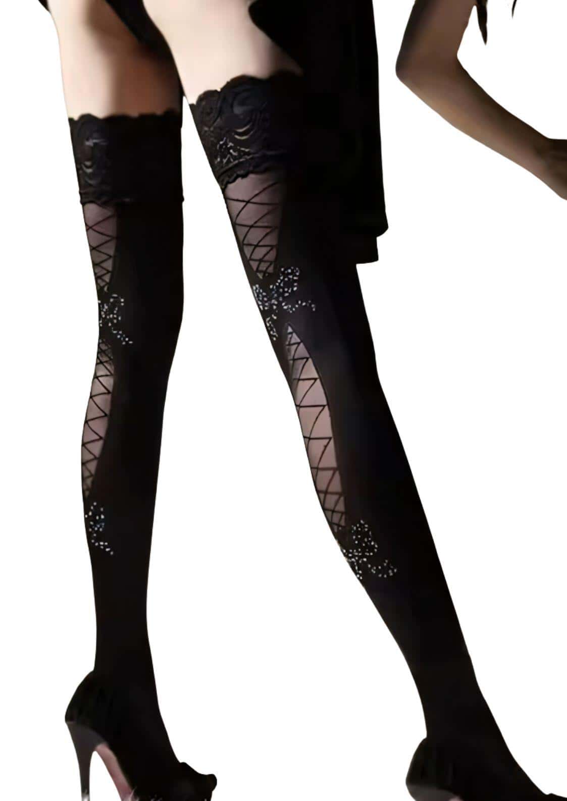 Schwarze lace-up look strumpfhose mit floraler stickerei und funkelnden akzenten im gotischen stil