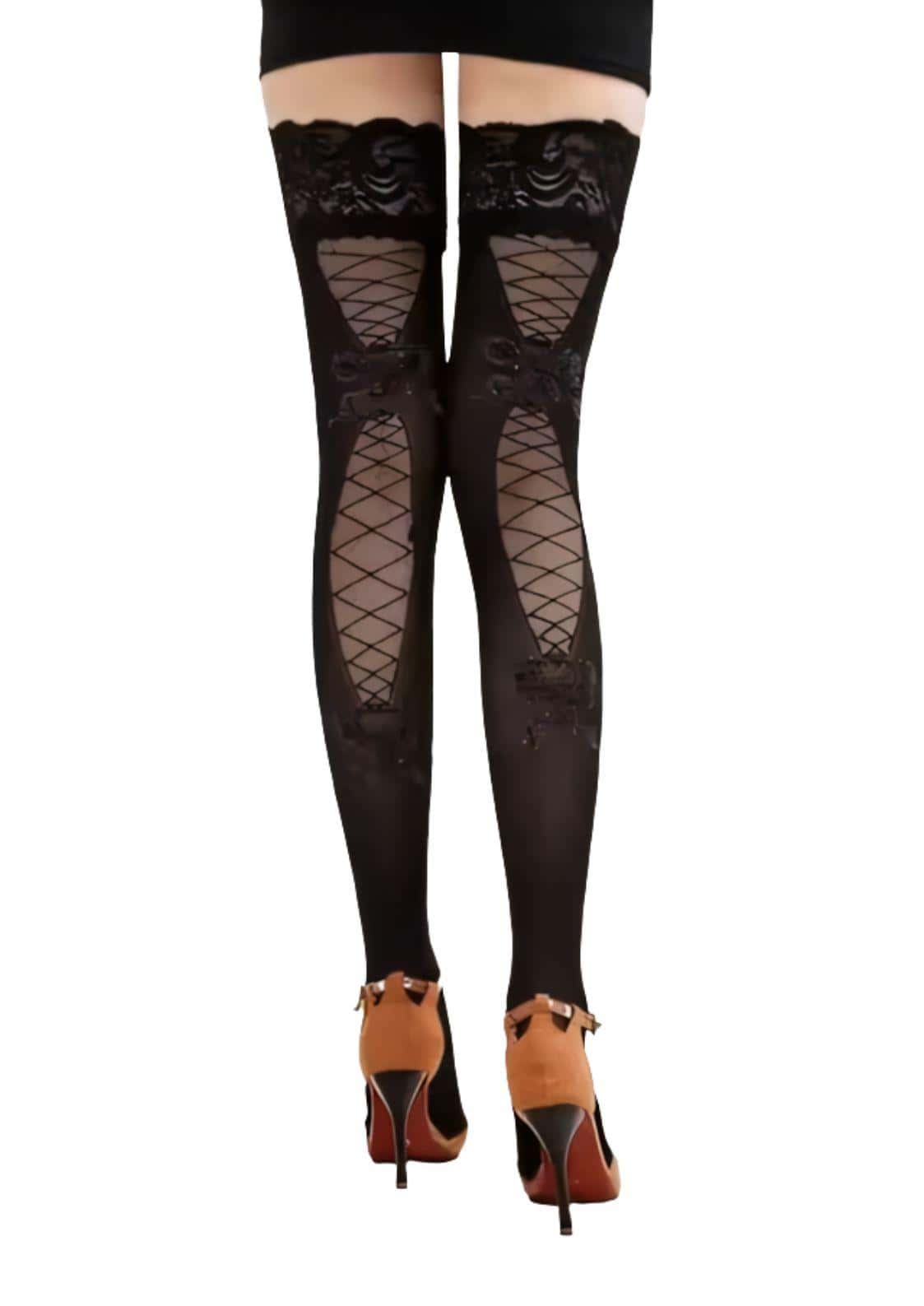Schwarze lace-up look strumpfhose mit fischnetzstrümpfe und gotischem stil in samtigem geometrisches cutout design