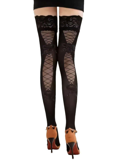 Schwarze lace-up look strumpfhose mit fischnetzstrümpfe und gotischem stil in samtigem geometrisches cutout design