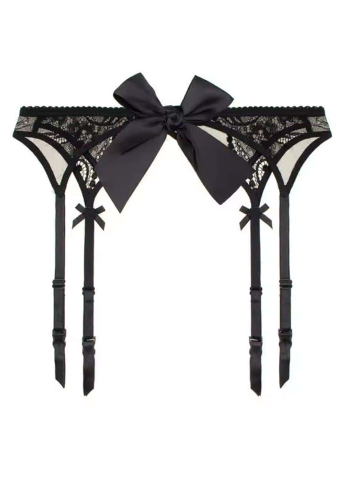Schwarzer spitzen strumpfgürtel mit großem satin schleife und passenden riemen gothic kleidung