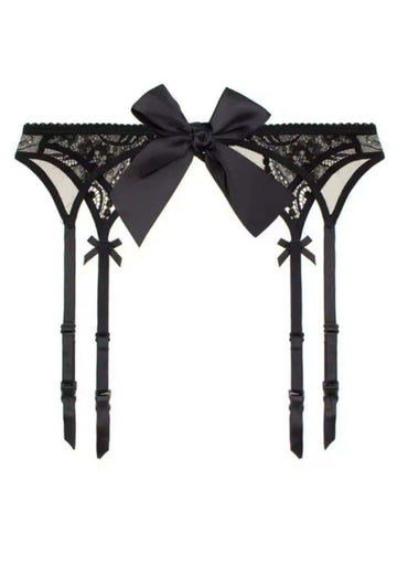 Schwarzer spitzen strumpfgürtel mit großem satin schleife und passenden riemen gothic kleidung