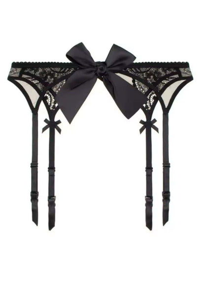 Schwarzer spitzen strumpfgürtel mit großem satin schleife und passenden riemen gothic kleidung