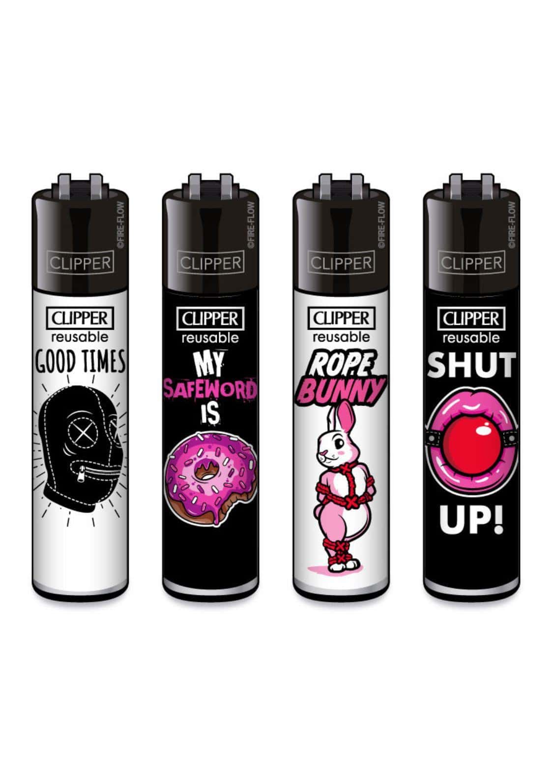 Vier schwarz-weiße clipper feuerzeuge mit cartoon-design und bold-text im large slogan #35 clipper feuerzeug set