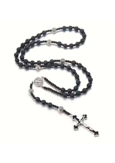Düstere rosenkranz aus schwarzem lava stein mit silberakzenten und kreuz für natürliche kraft und stil