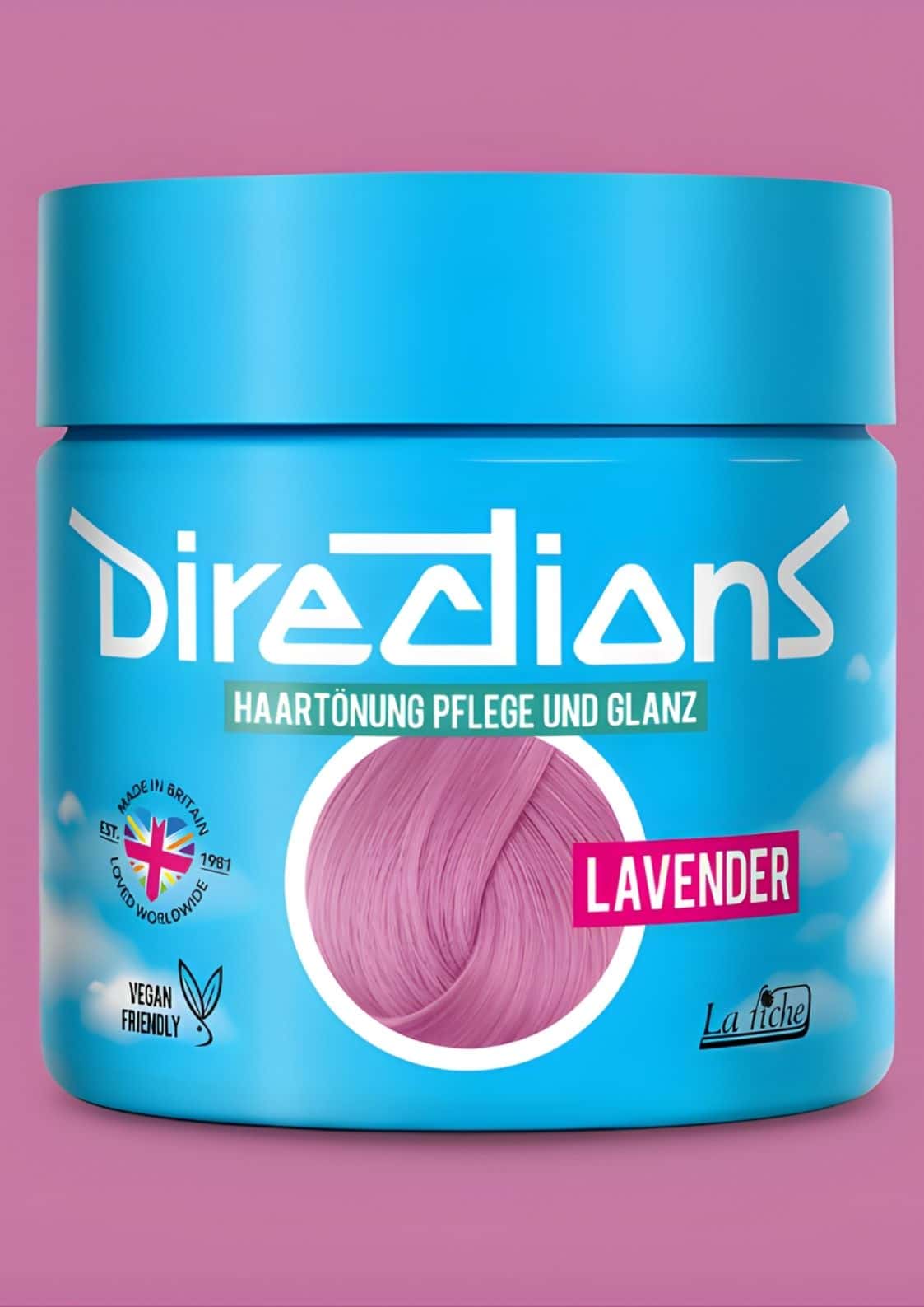 Ein lebhafter blauer zylinderförmiger lavender directions 100ml jar mit cremiger textur für semi-permanente haartönung