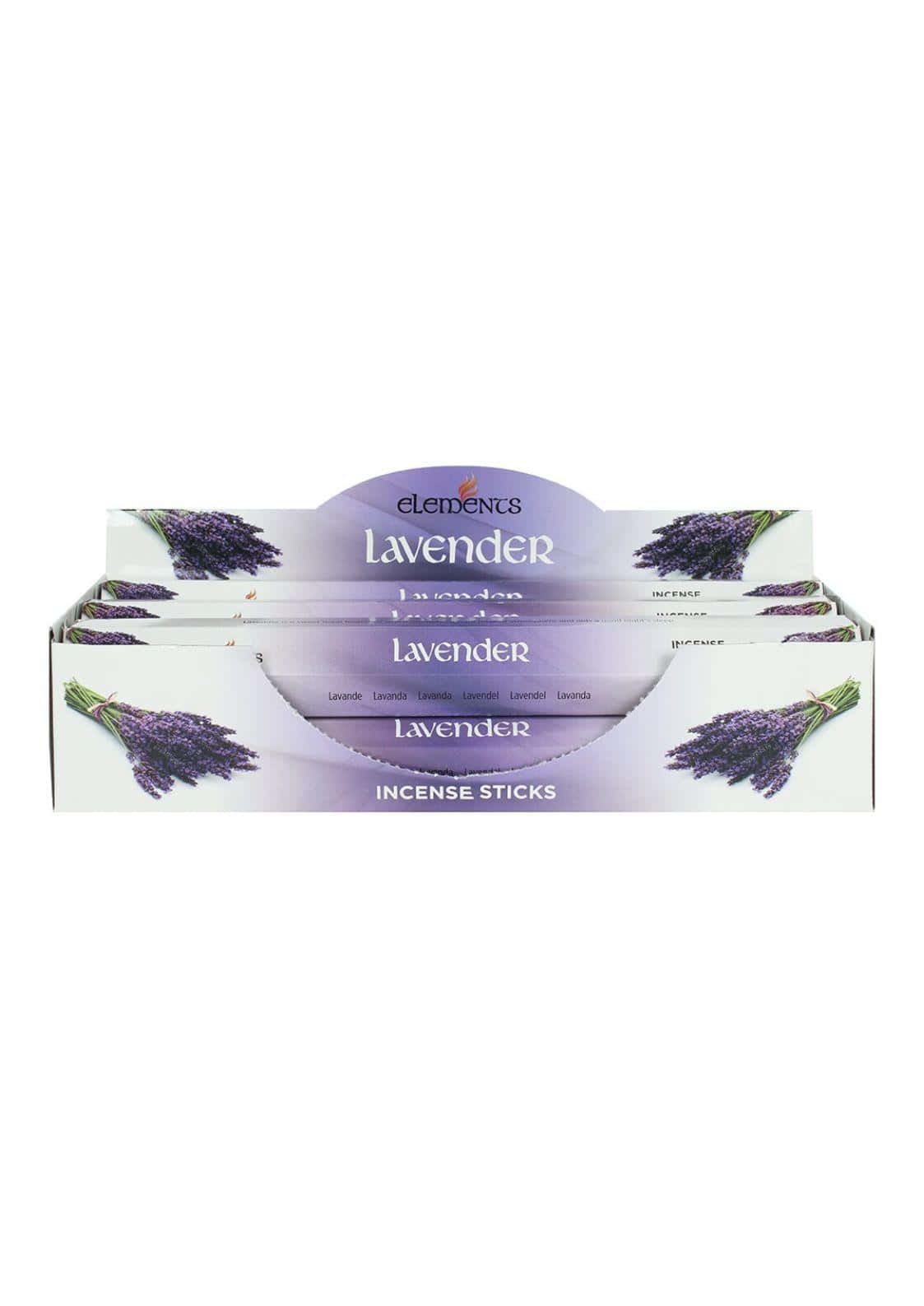 Lavendelduftende räucherstäbchen im weißen und lila displaybox von elements für entspannende aromaerlebnisse
