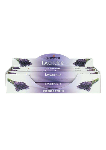 Lavendelduftende räucherstäbchen im weißen und lila displaybox von elements für entspannende aromaerlebnisse