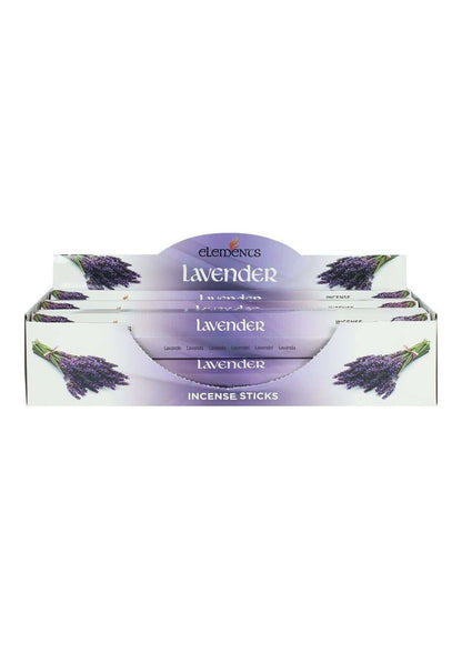 Lavendelduftende räucherstäbchen im weißen und lila displaybox von elements für entspannende aromaerlebnisse