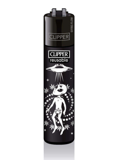 Schwarzes clipper feuerzeug leaf the earth 420 mit weißem alien ufo und cannabisblatt design wiederbefüllbar