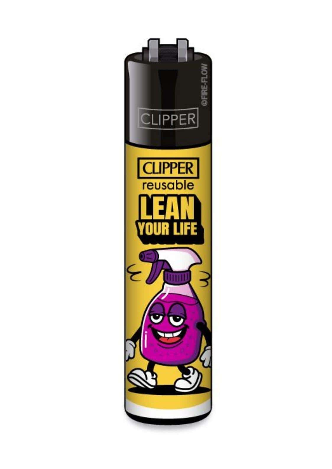Gelb schwarzes clipper feuerzeug mit cartoon lila sprayflasche motiv und austauschbarem feuerstein