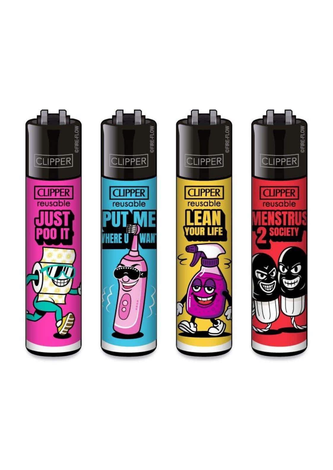 Vier bunte clipper feuerzeug mit austauschbarem feuerstein und cartoon-motiven aus der lean your life kollektion