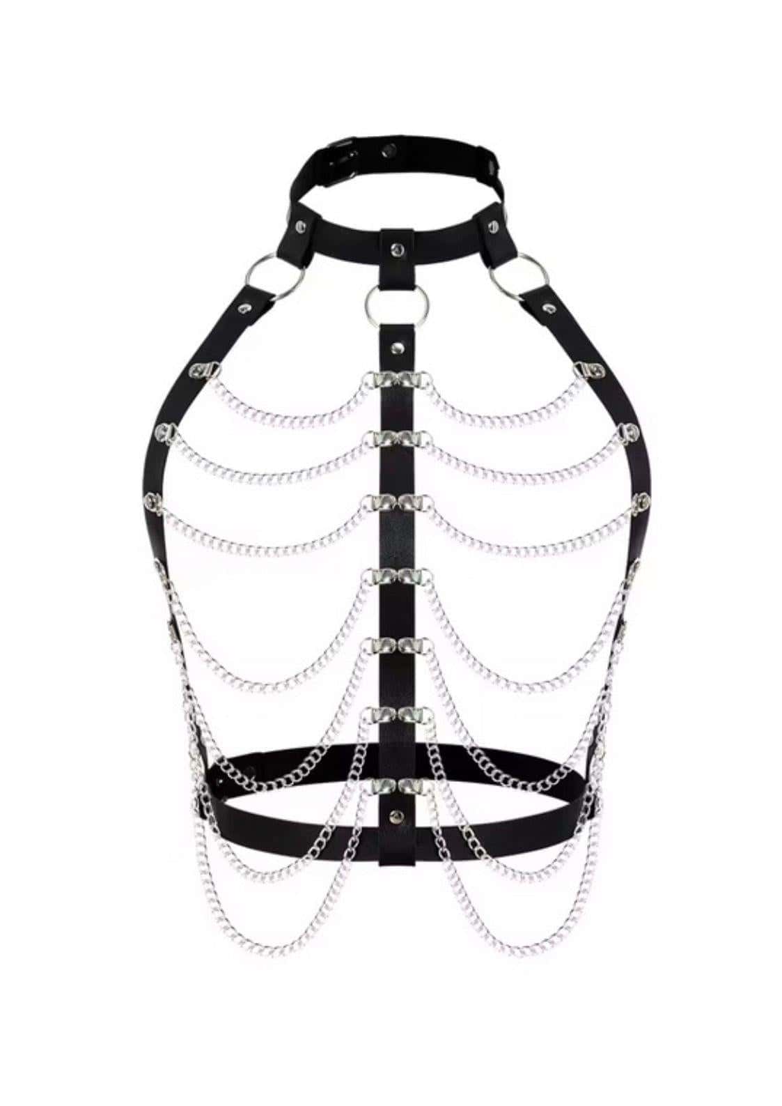 Schwarzer leder harness mit dreifacher kettenstruktur in rippenform für dark fashion gaia licensed apparel