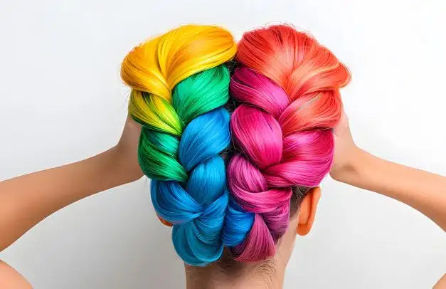 Lebhaft regenbogenfarbene geflochtene Haare, zu einer Herzform gestylt.