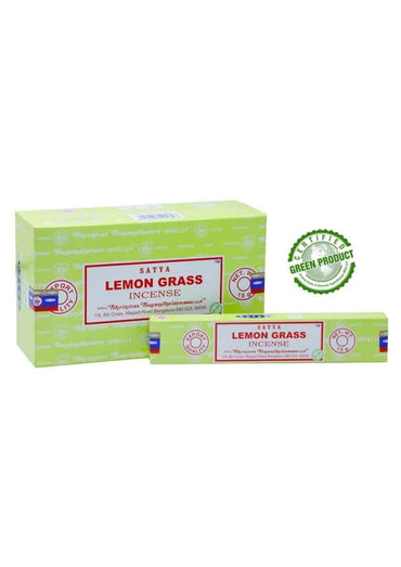 Limegrüne rechteckige box satya lemon grass räucherstäbchen mit rotem weißen etikett und zertifiziert grünem siegel für gothic kleidung fans
