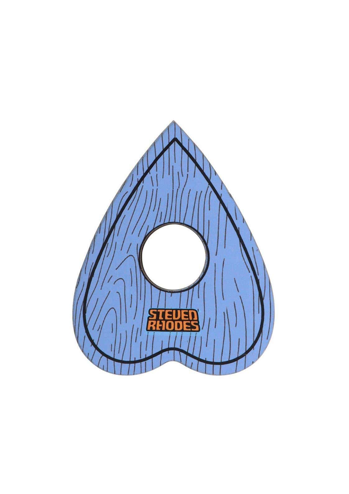 Blaues hölzernes planchette spirituelle mit zentralem loch und steved rhodes branding für lets talk to ghosts von steven rhodes