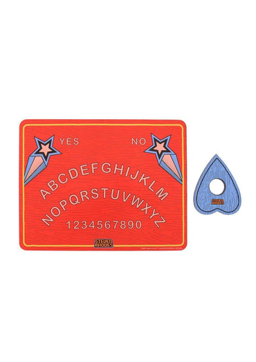 Let’s talk to ghosts von steven rhodes ouija board aus rotem holz mit blauen sternakzenten und blauer planchette spirituelle