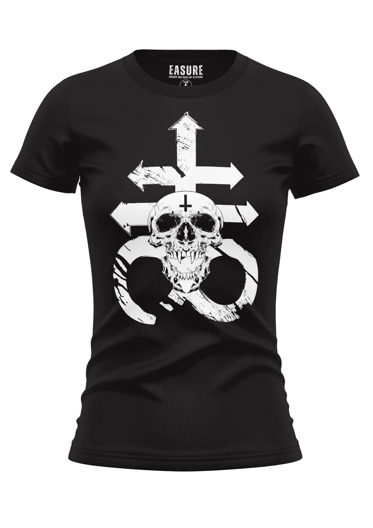 Schwarzes kurzes mädchenshirt mit einem weißen leviathan-schädel gothic horror grafik und unendlichkeitssymbol