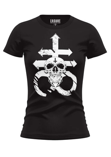 Schwarzes kurzes mädchenshirt mit einem weißen leviathan-schädel gothic horror grafik und unendlichkeitssymbol