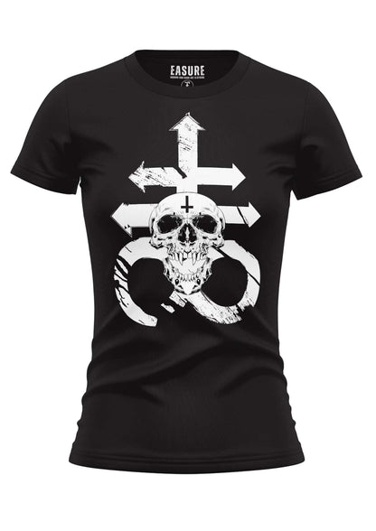 Schwarzes kurzes mädchenshirt mit einem weißen leviathan-schädel gothic horror grafik und unendlichkeitssymbol