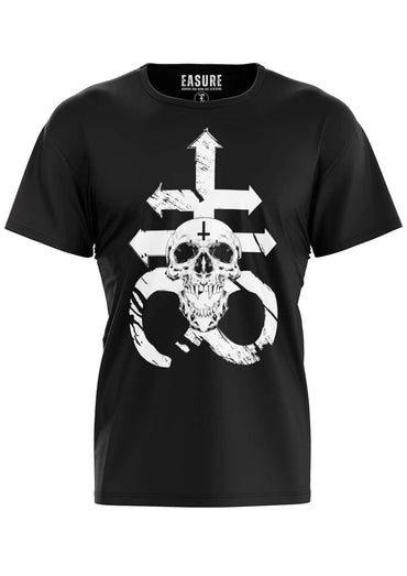 Black kurzarmshirt leviathan skull mit weißem gothic horror schädeldesign und easure marke am kragen