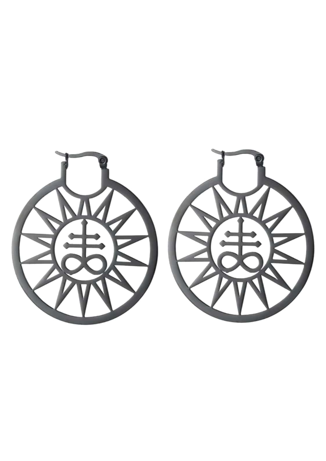 Darkgraue metallohrringe leviathan sun black mit sonnenstrahlen-design und zentralem sigil