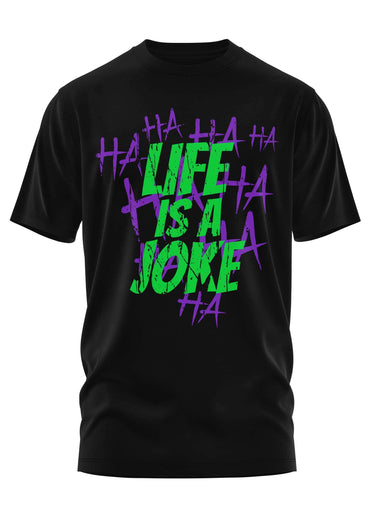 Schwarzes kurzarmshirt mit grün-lila graffiti aufdruck life is a joke und ha ha text im gothic horror style