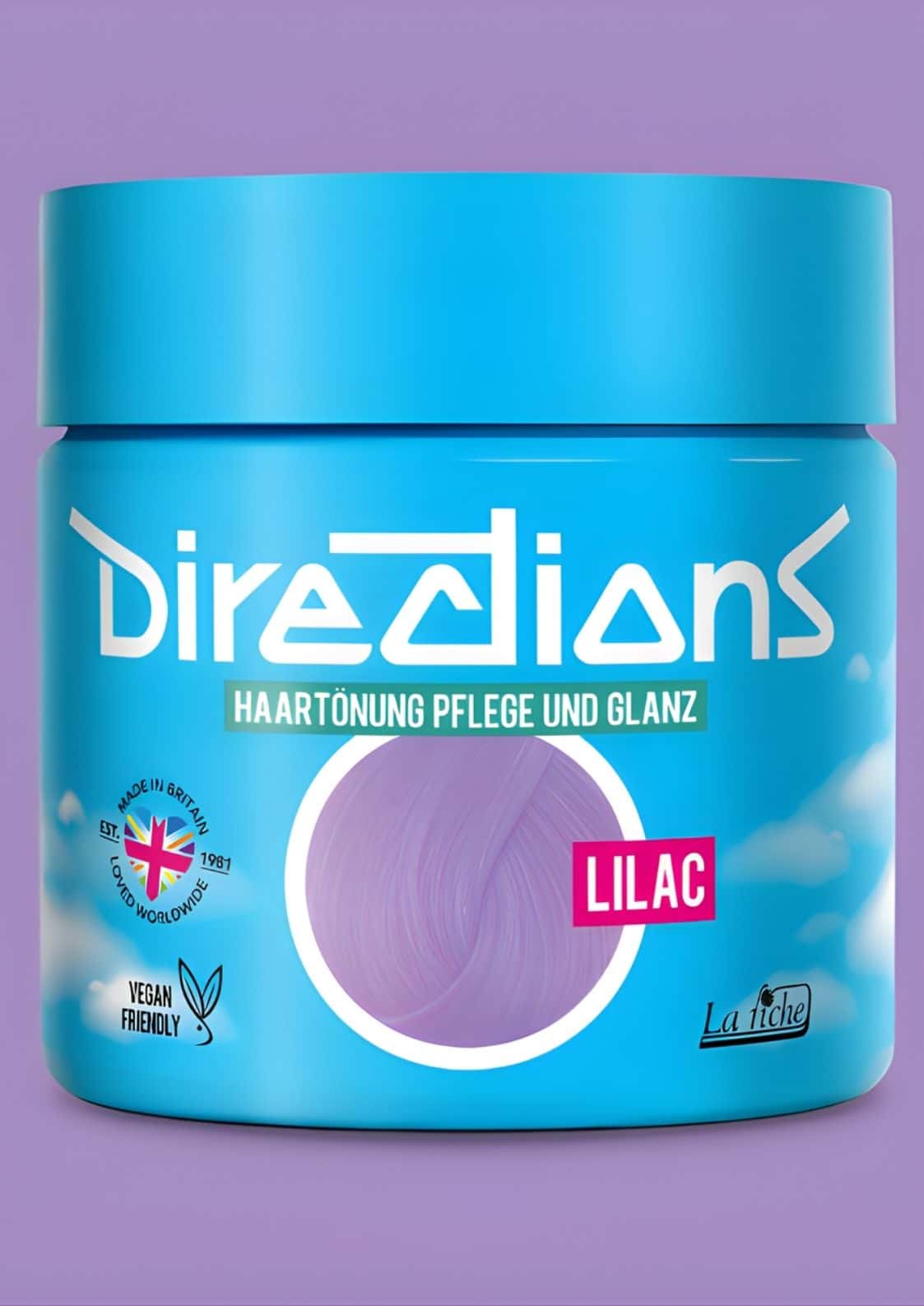 Ein lebendiger blauer zylinderförmiger lilac directions 100ml haartönung mit sanftem pastelllila und wolkenetikett