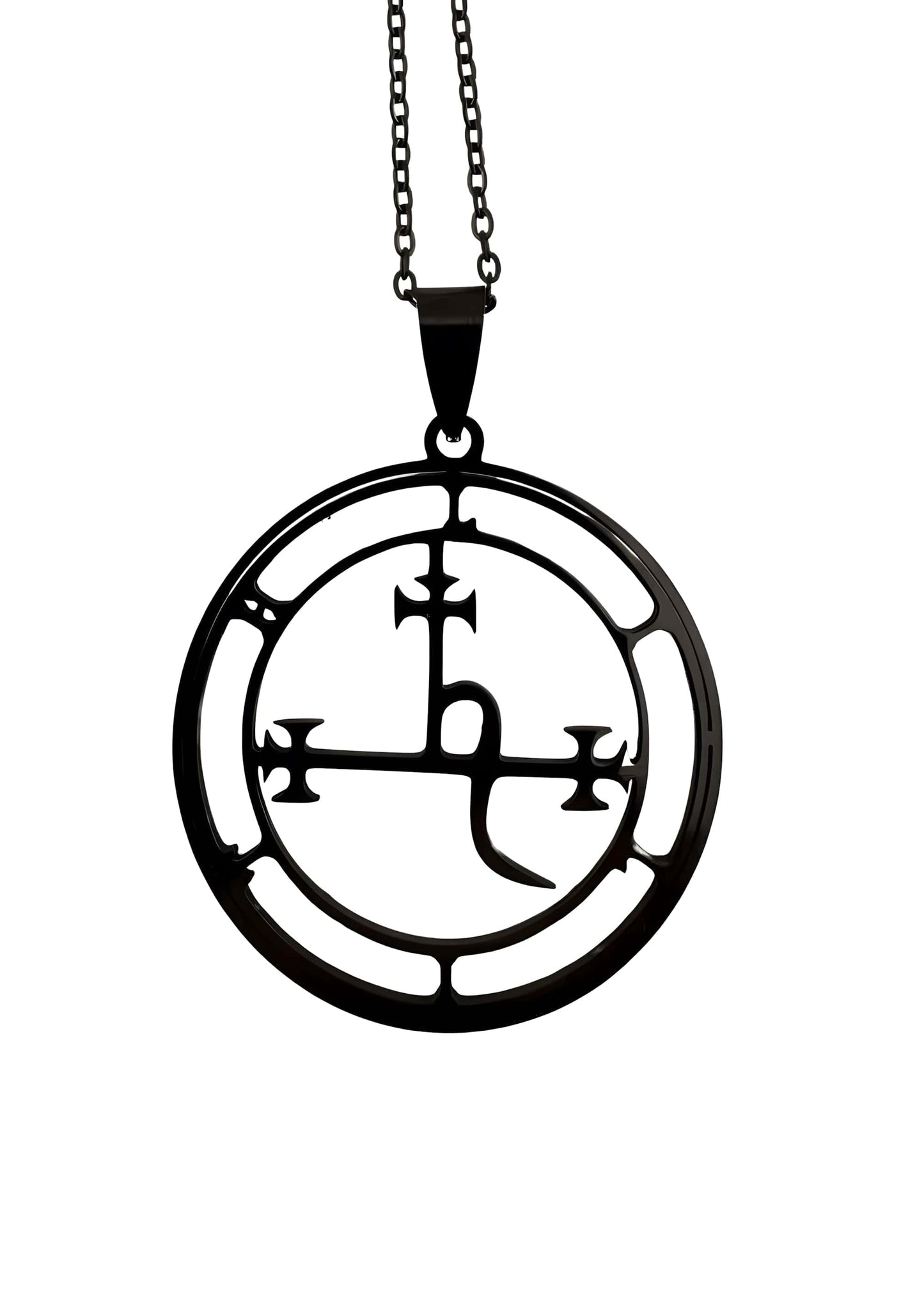 Schwarze lilith black halskette mit kreuz und gothic horror symbole am schwarzen kreisanhänger