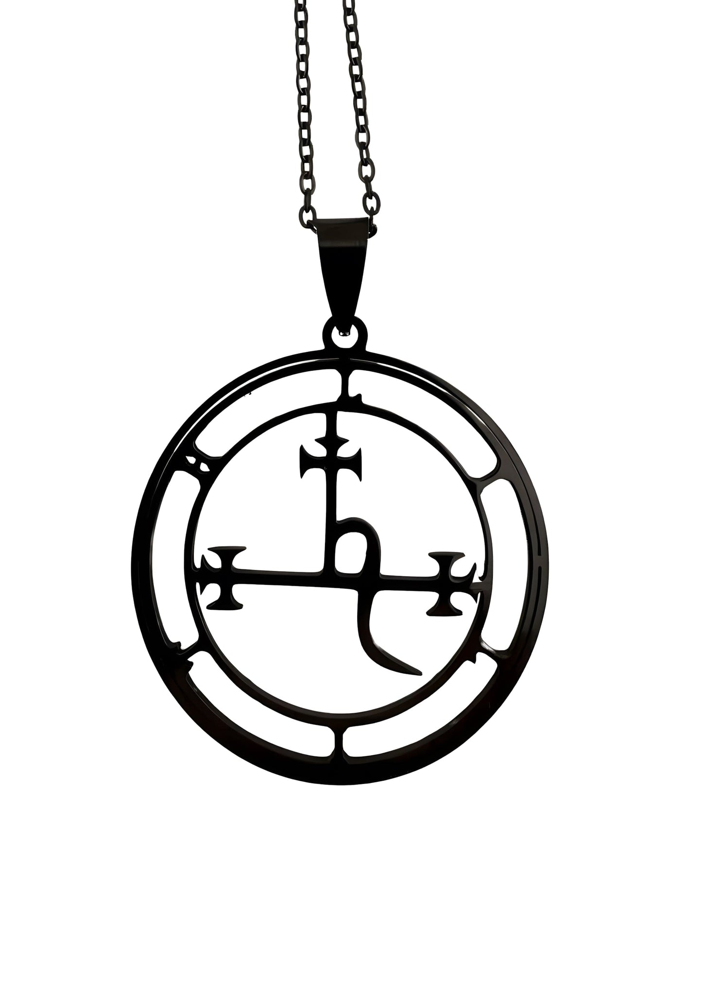 Schwarze Kreiskette mit Kreuz- und Symbol-Design