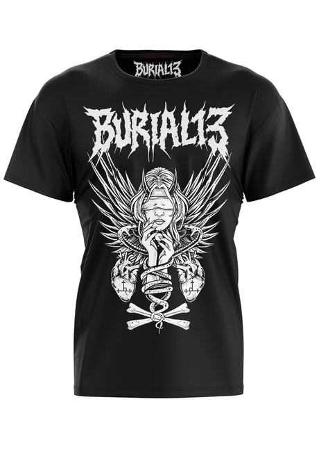 Schwarzes T-Shirt mit einer weißen Flügelgrafik.