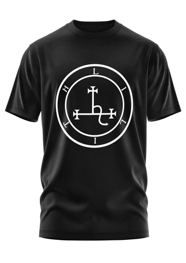 Schwarzes kurzarmshirt lilith mit weißem kreisemblem und buchstaben h l i im gothic horror bitte-stil