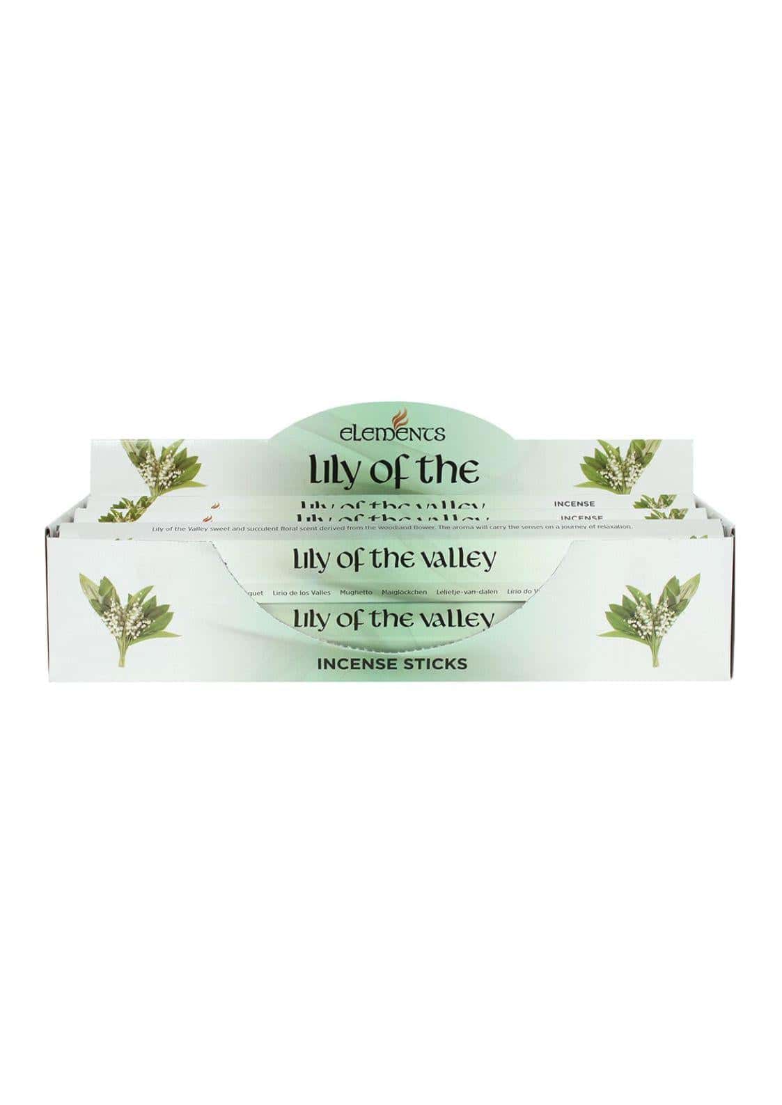 Weiße pappe display box mit lily of the valley räucherstäbchen von elements mit grünen botanischen illustrationen und minimalistischer typografie für gothic horror und dark fashion fans