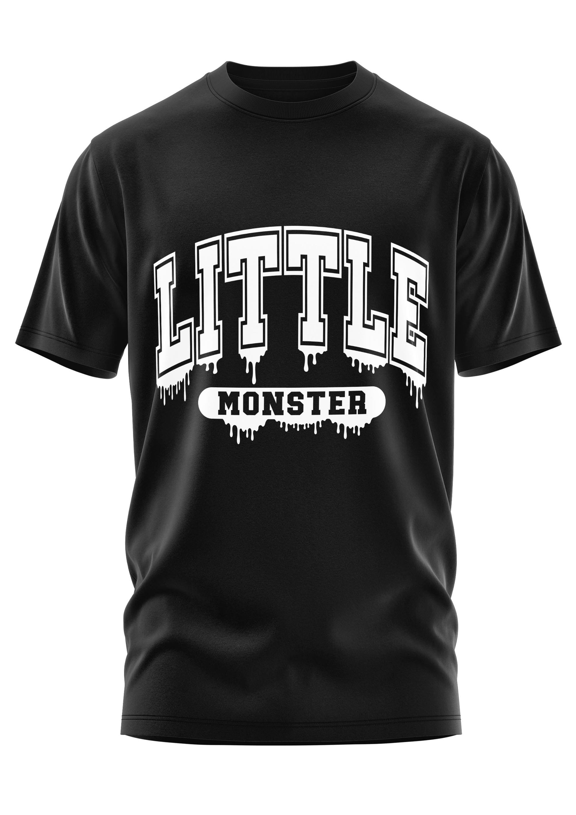 Schwarzes Baumwoll-T-Shirt mit weißem Gothic-Metal Little Monster Schriftzug