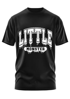 Schwarzes Baumwoll-T-Shirt mit weißem Gothic-Metal Little Monster Schriftzug