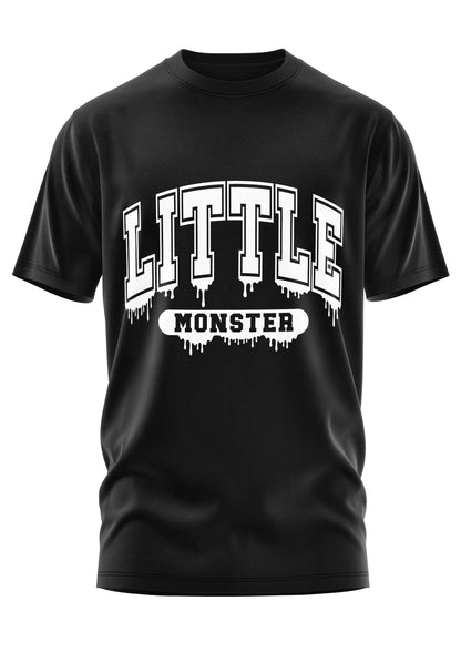 Schwarzes Baumwoll-T-Shirt mit weißem Gothic-Metal Little Monster Schriftzug