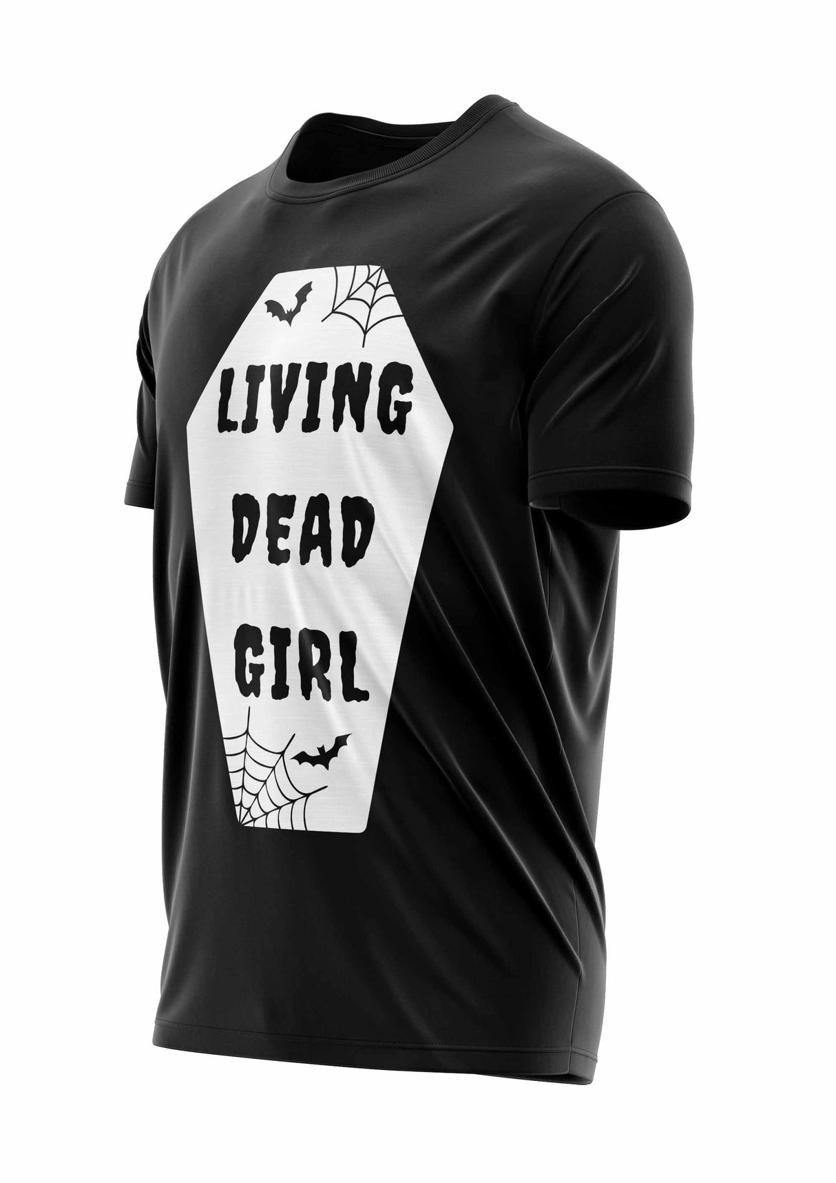 Schwarzes T-Shirt mit Sarg-Design und Text ’living dead girl’, weißes Spinnennetzmuster.