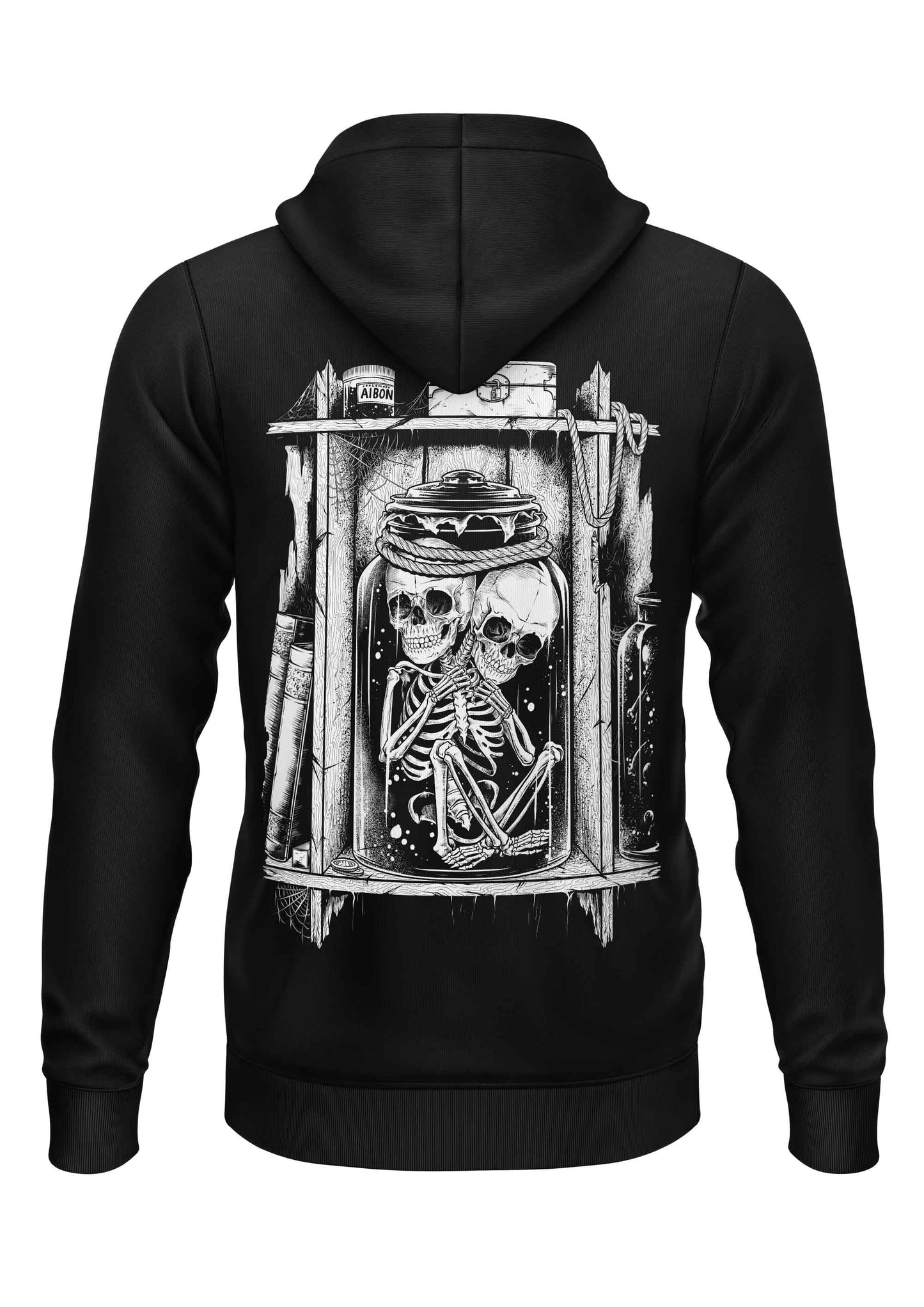 Schwarzer Gothic-Hoodie Lizzy and Jill mit Skeletten im Glas und Laborausrüstung