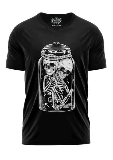 Schwarzes lizzy and jill shirt mit weißem grafikdesign zweier skelette in einem glas mit seilverschluss