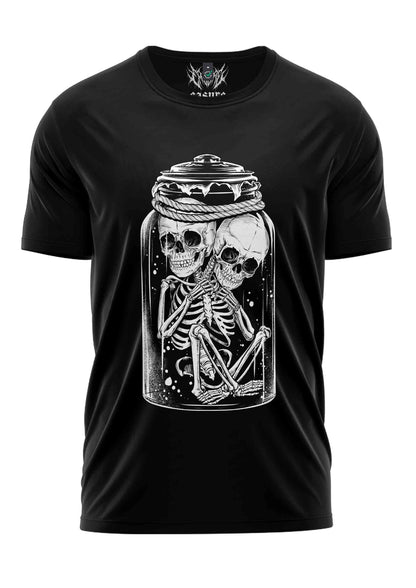Schwarzes T-Shirt von Lizzy and Jill mit Skeletten im Glas