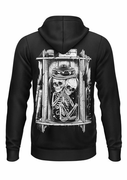 Schwarzer Gothic-Zipper-Hoodie LIZZY AND JILL mit Skelette-im-Glas-Motiv