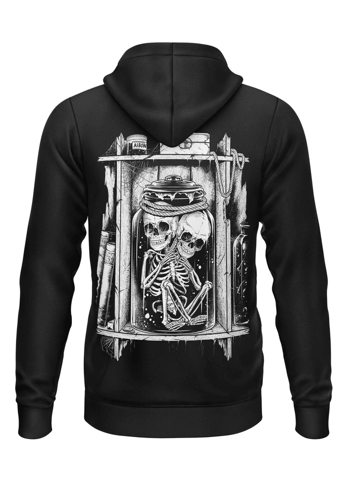 Black zip-up hoodie with gothic black and white skeletons in a jar graphic on the back from lizzy and jill zipper collection